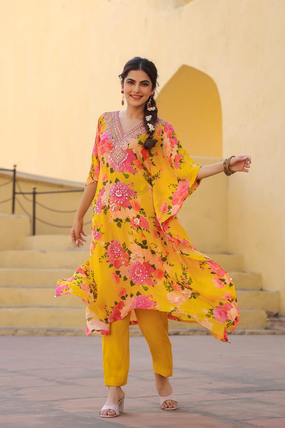 Modal kaftan pink/yellow