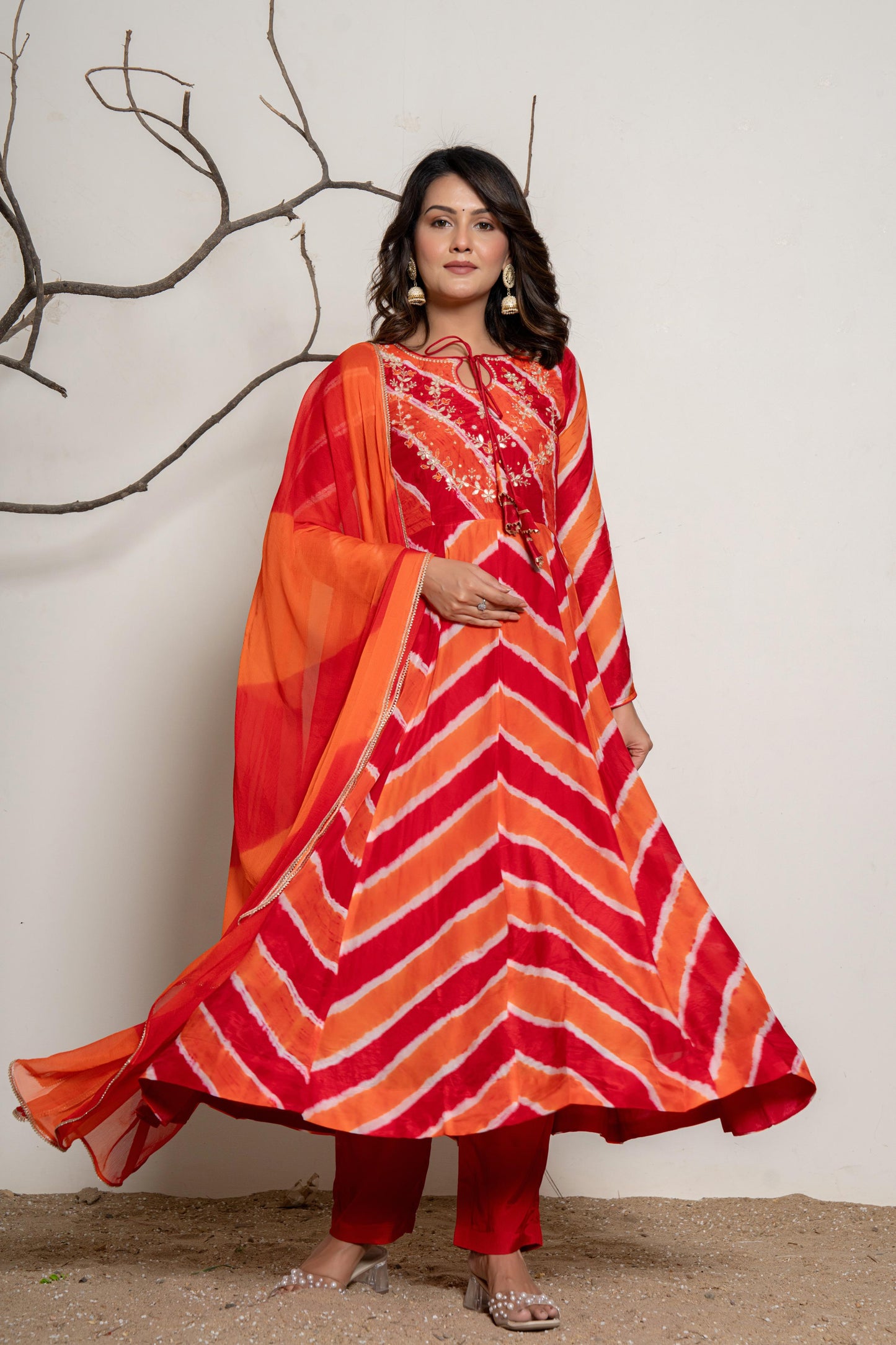 Red orange lehriya crepe Anarkali