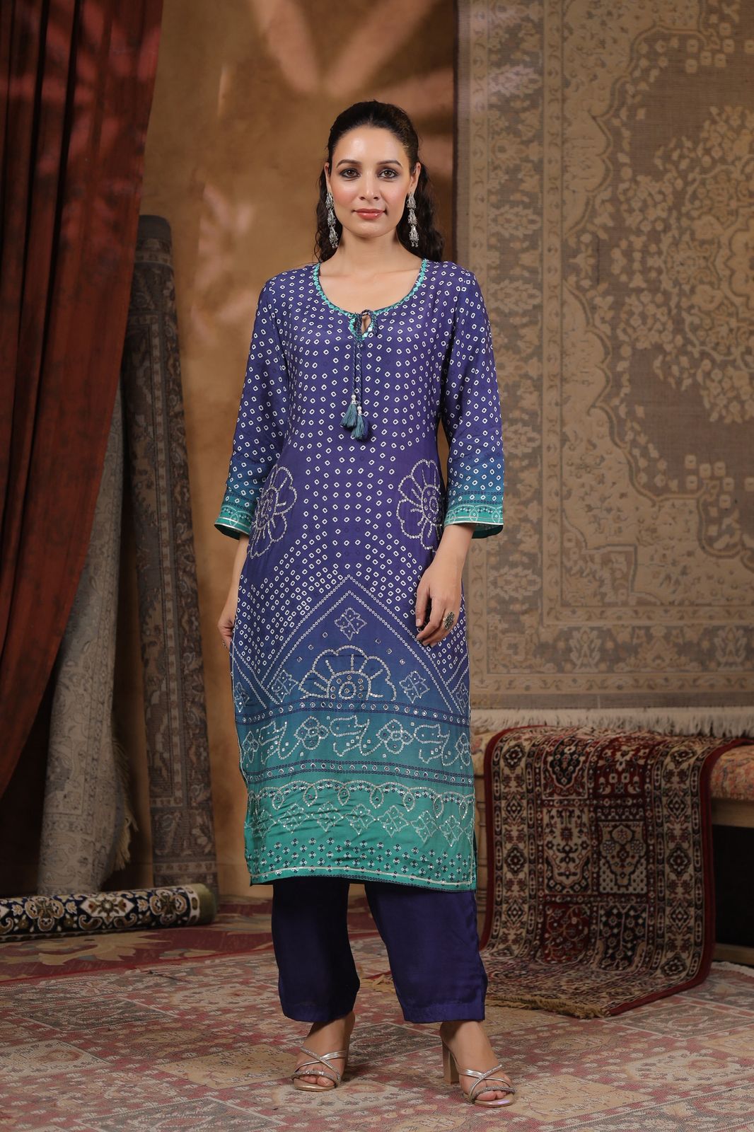 Blue Bandhani muslin silk suit