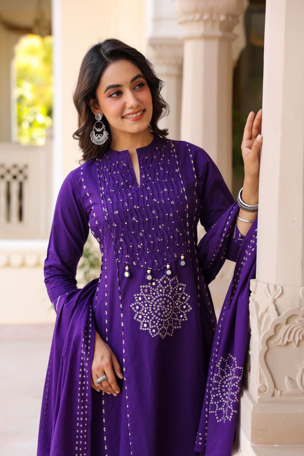 Purple cotton Bandhani real mirror work detailing
