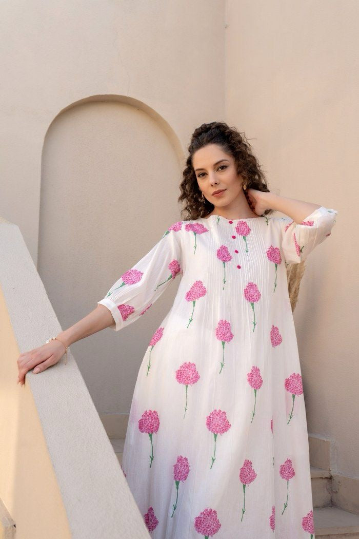 White with pink flower cotton kurta pant
