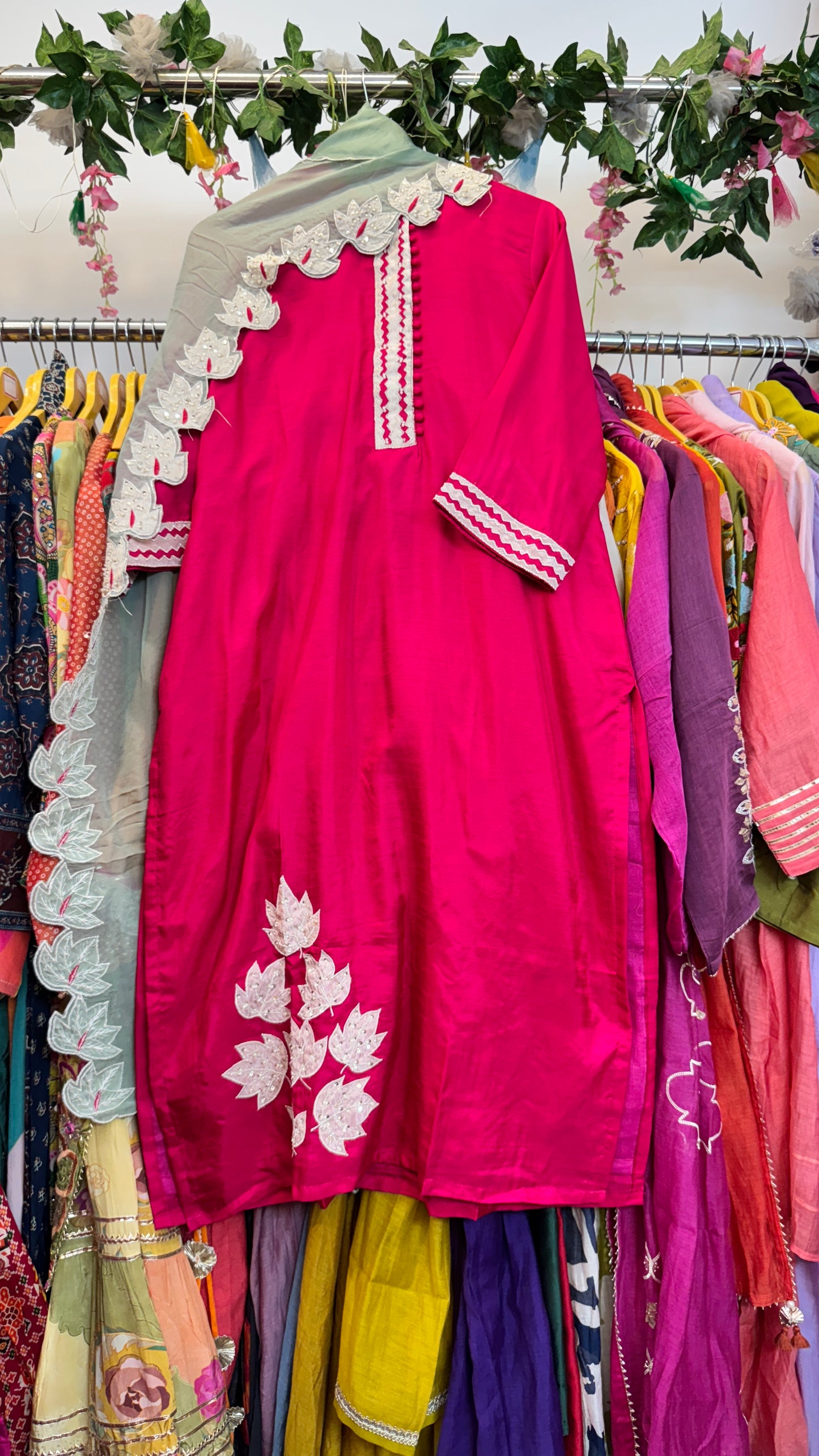 Hot pink contrast blue appliqué dup