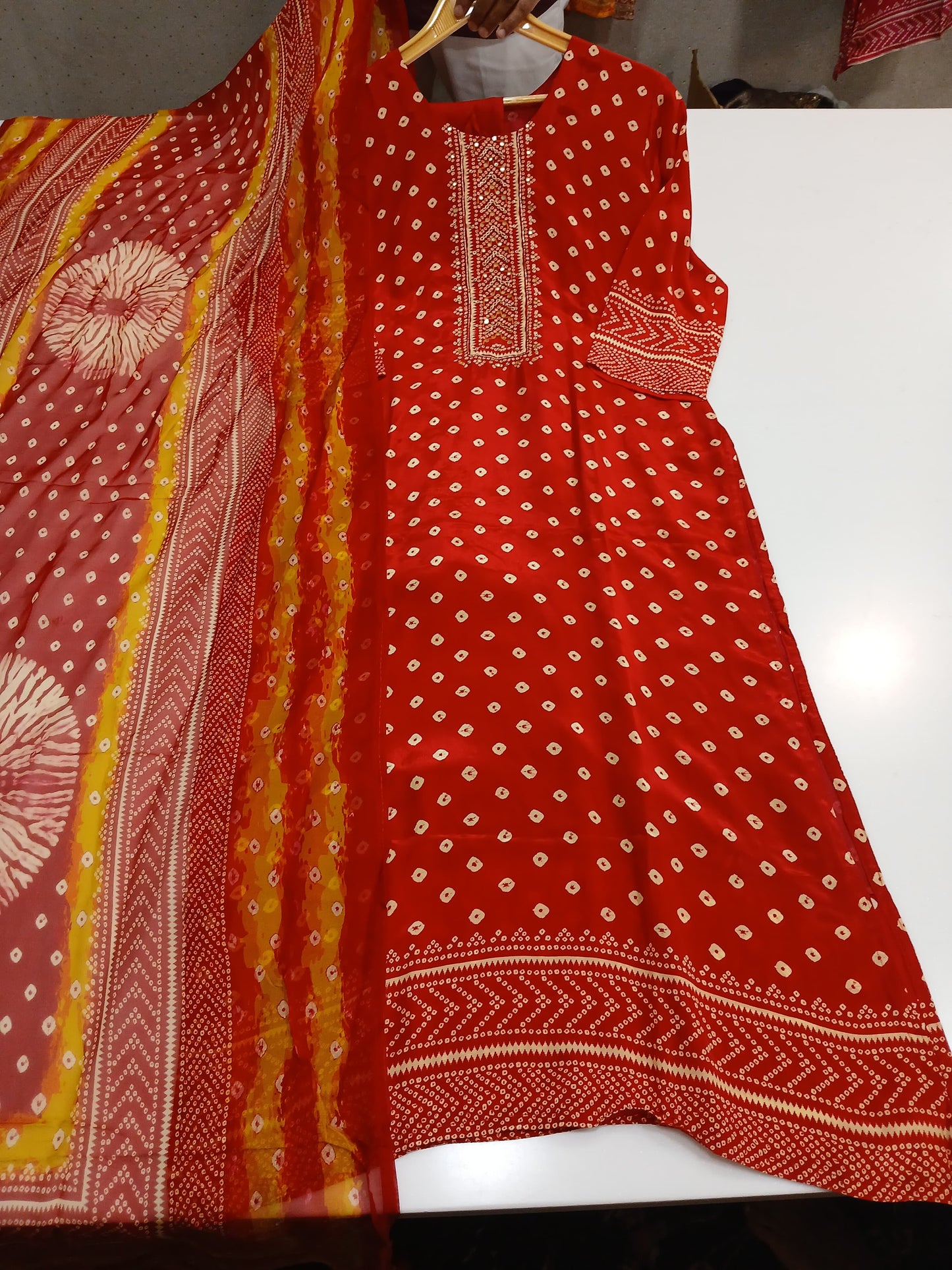 Red Bandhani crepe suit