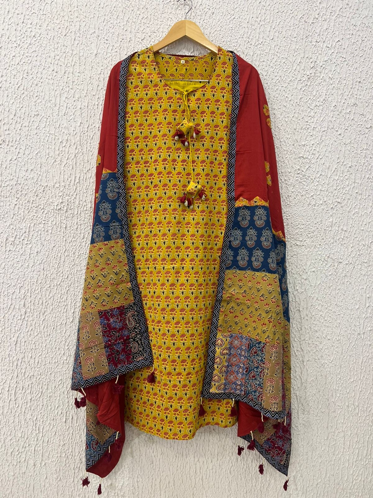 Yellow Ajrakh appliqué cotton suit