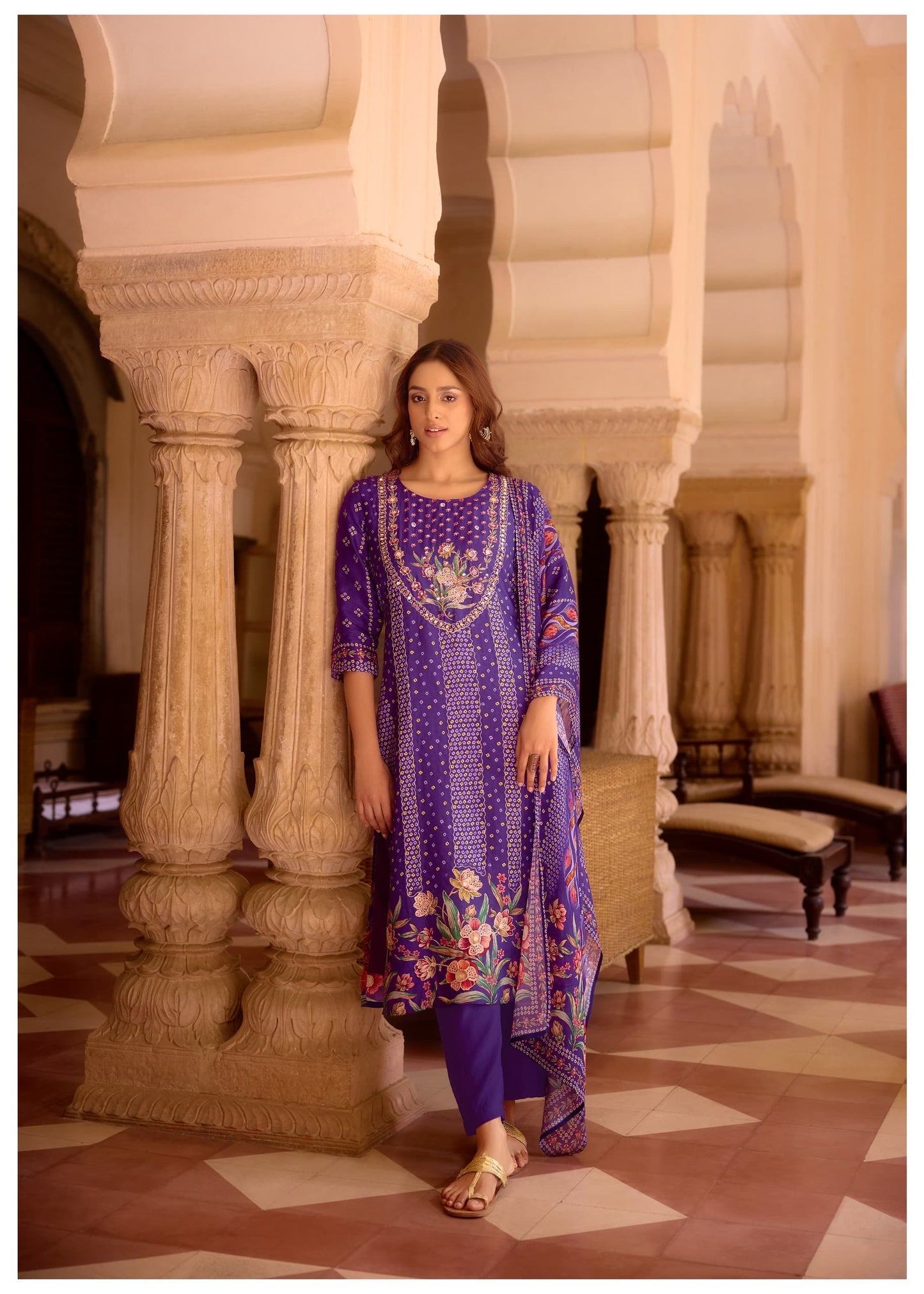 Purple Bandhani Russian silk suit