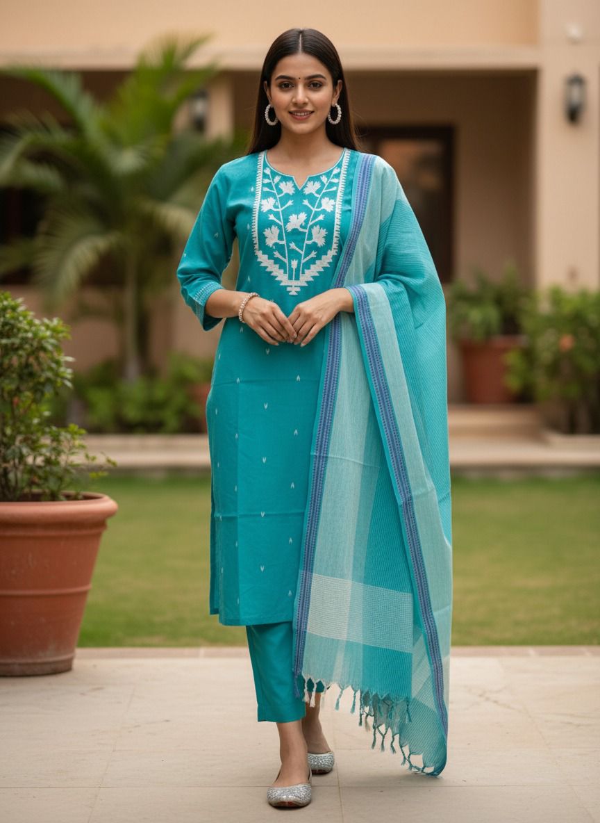 Blue pure cotton Jamdani 3 pc suit