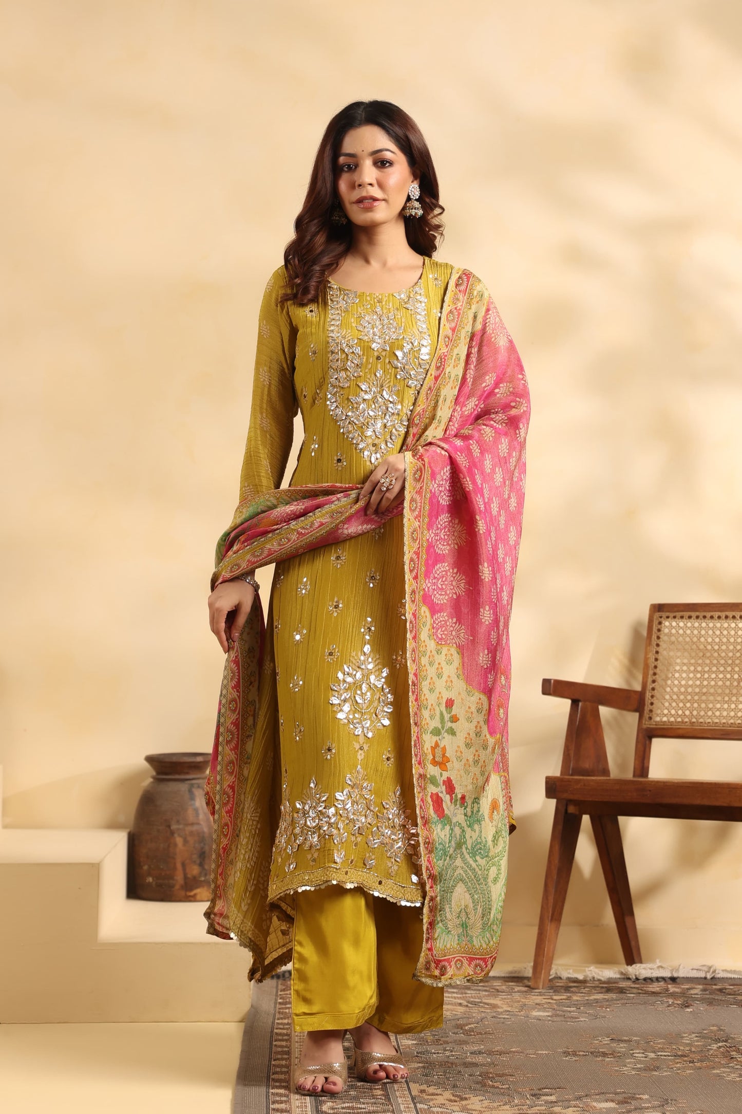 Gota crush tissue Aline suit with organza tissue dip & Santoon pants