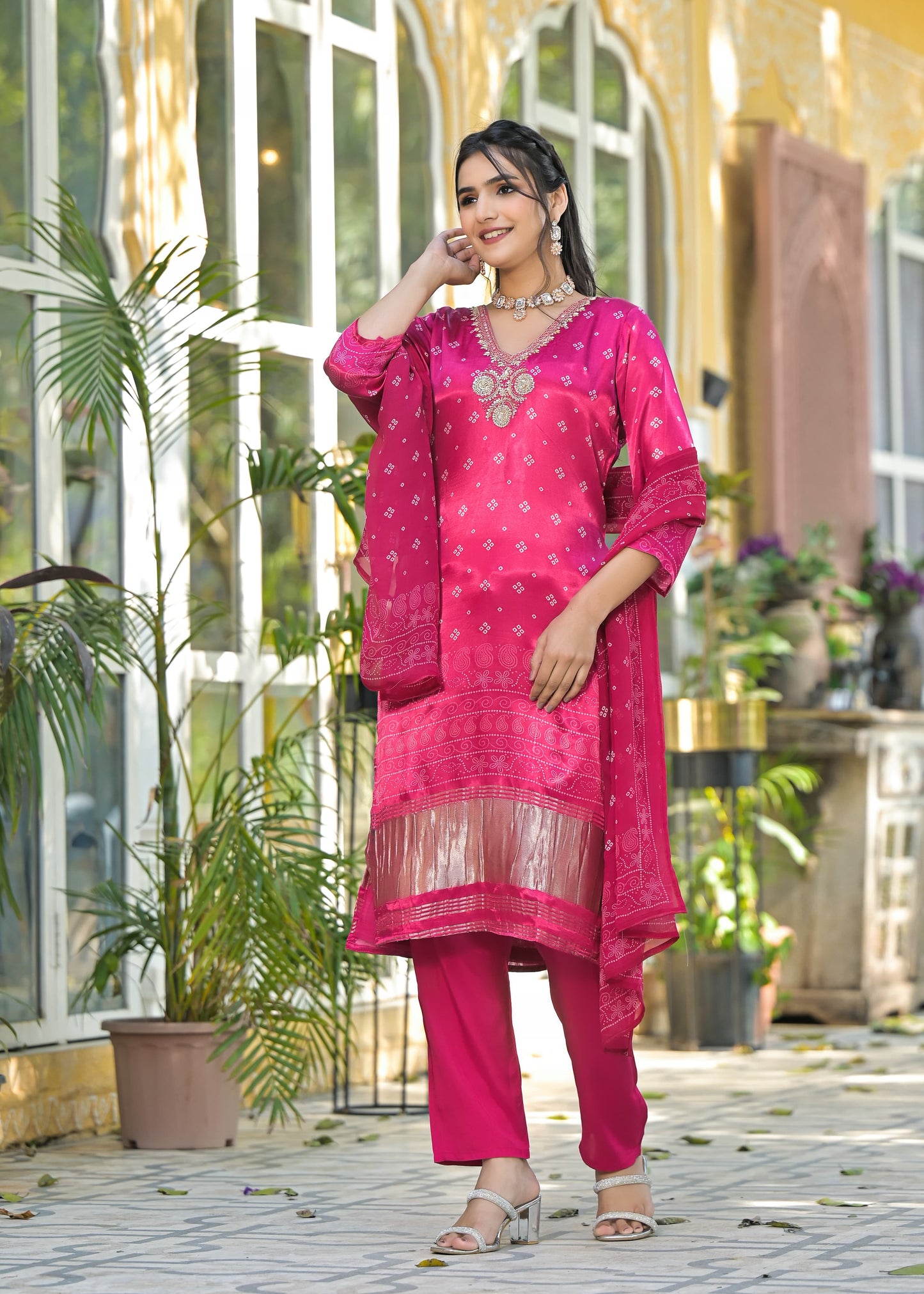 Pink Bandhani gajji suit