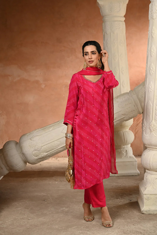 Bandhani pink/yellow crepe suit