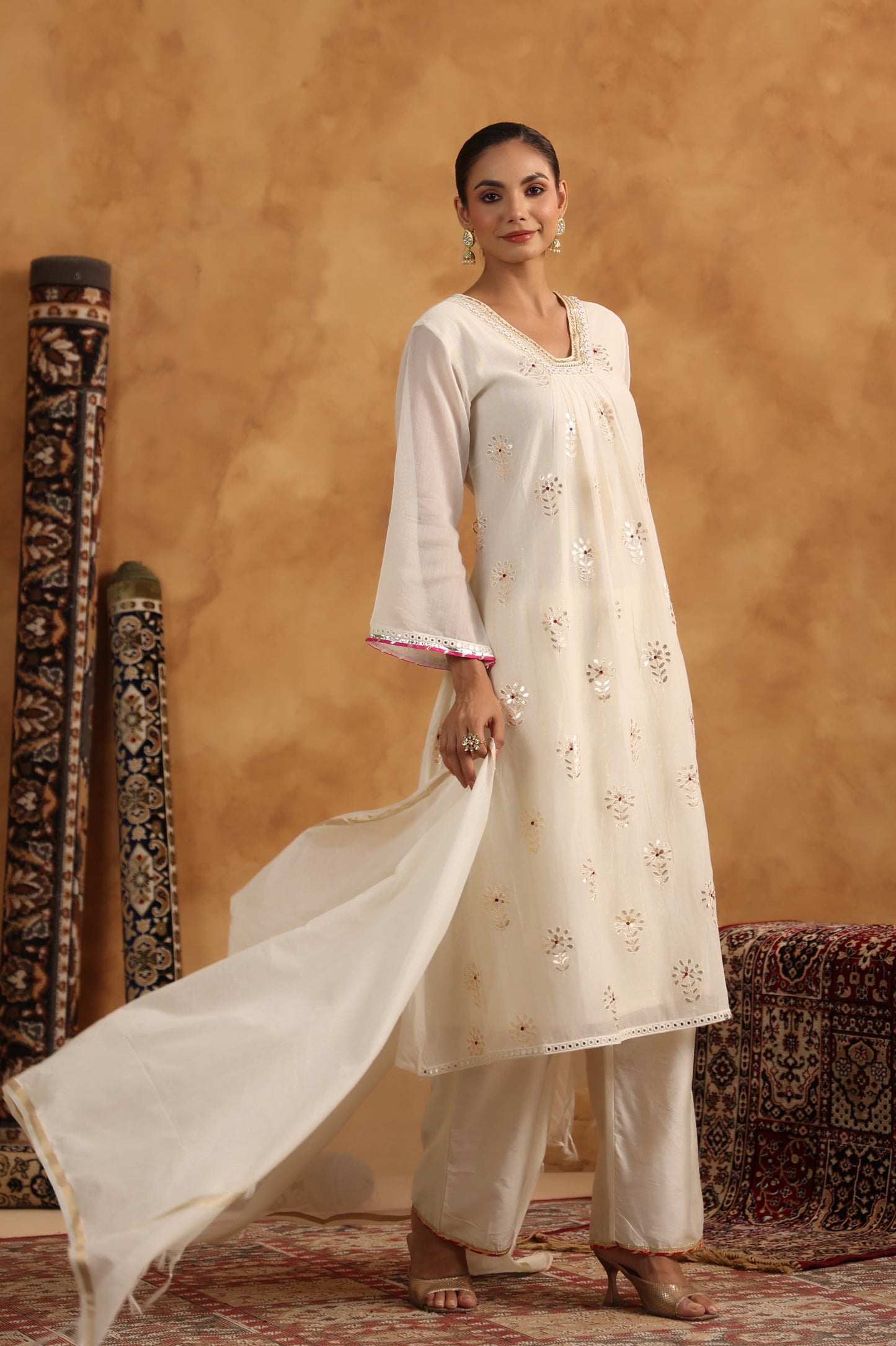 Cream Beautiful gota Full Suit Set With Dupatta In Mul Chanderi Fabric
