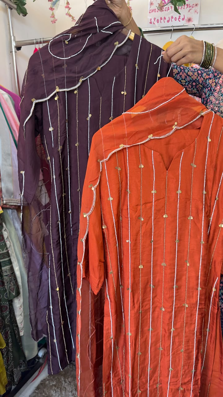 Pure silk suit with pearl work pairs with organza dupatta & silk pants