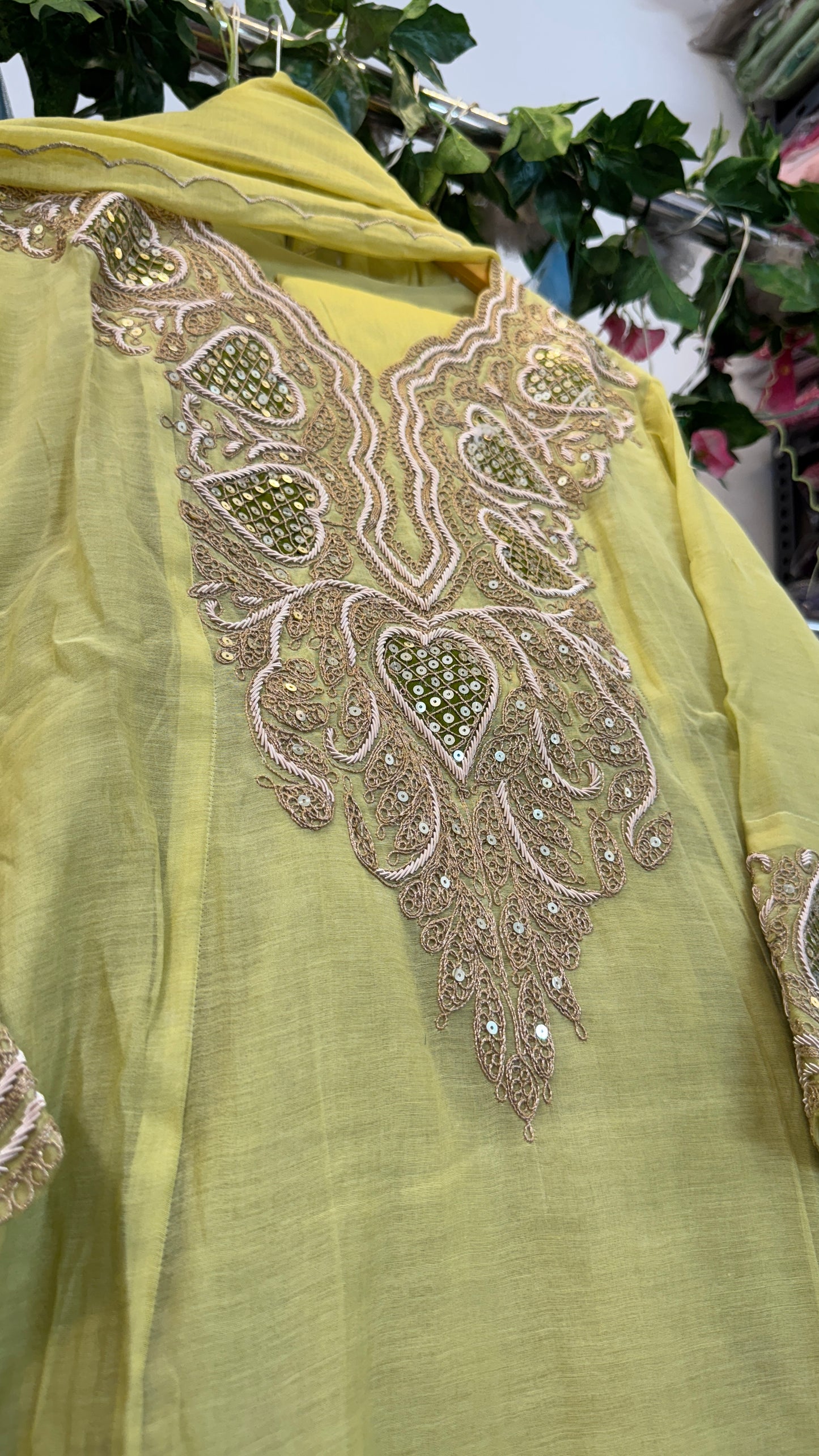 Classy green zari hand work mul chandari