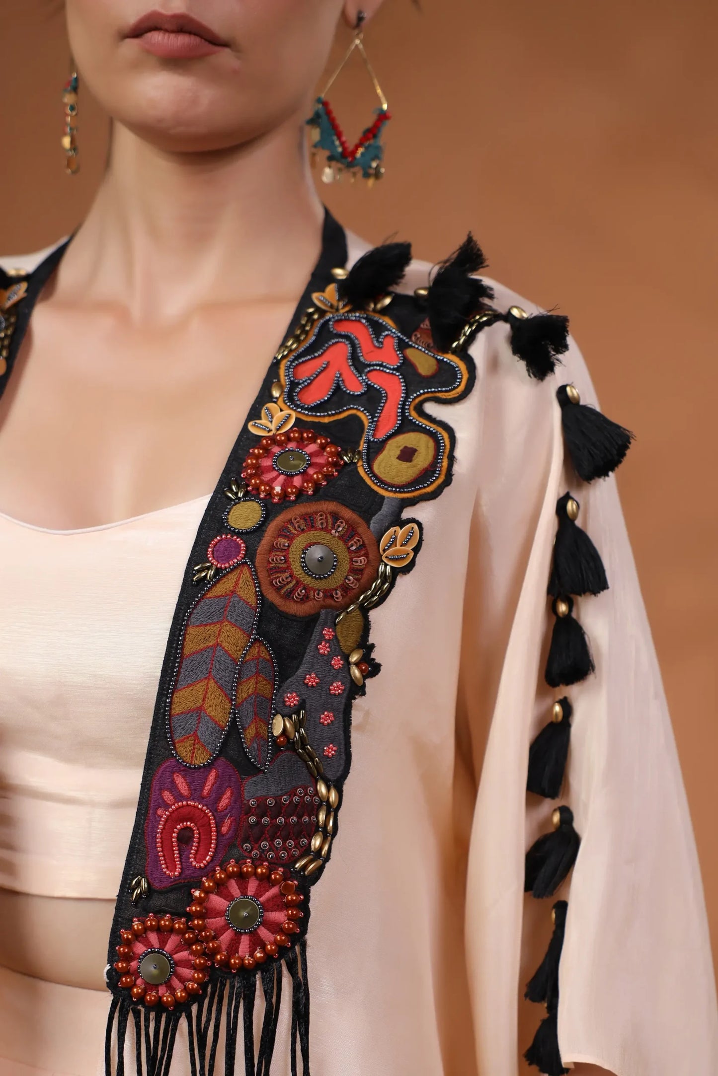 3 Piece Set , Printed Trouser Hand Embellished Jacket With Bustier