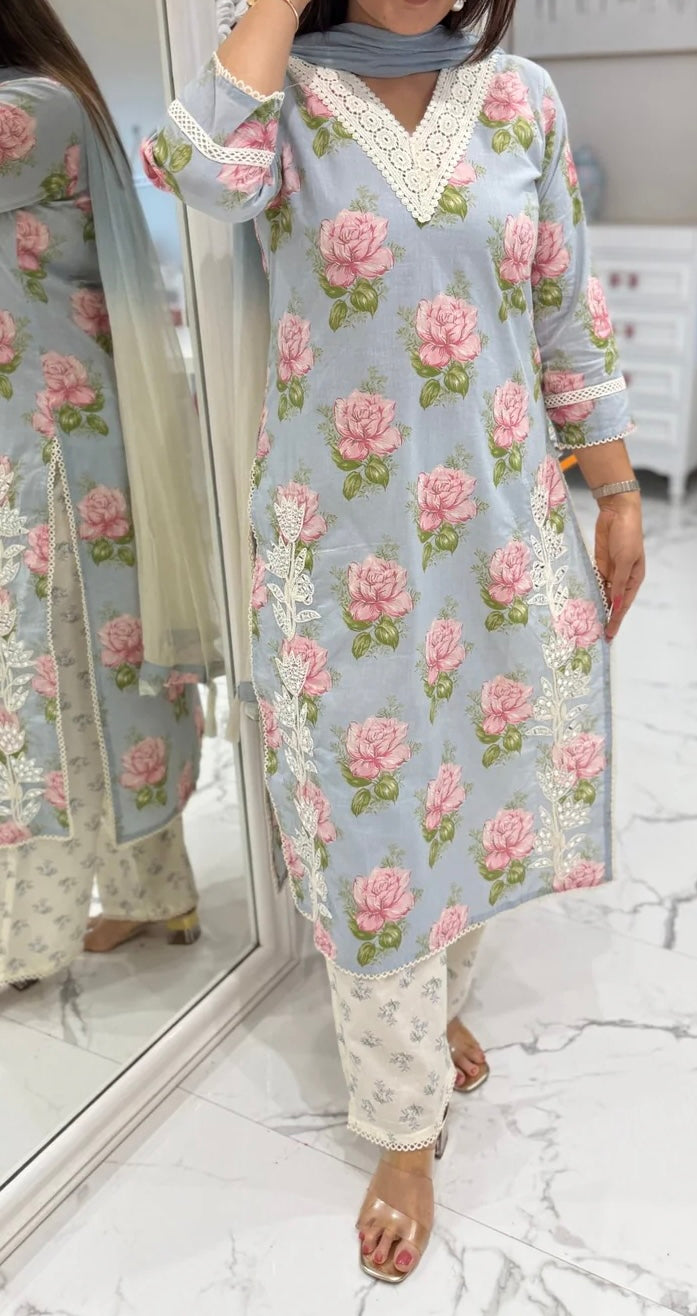 Floral blue cotton adaa suit