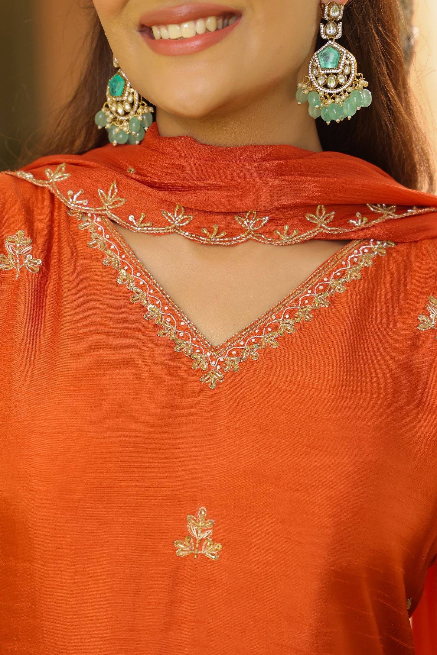 Orange Aline silk handwork suit