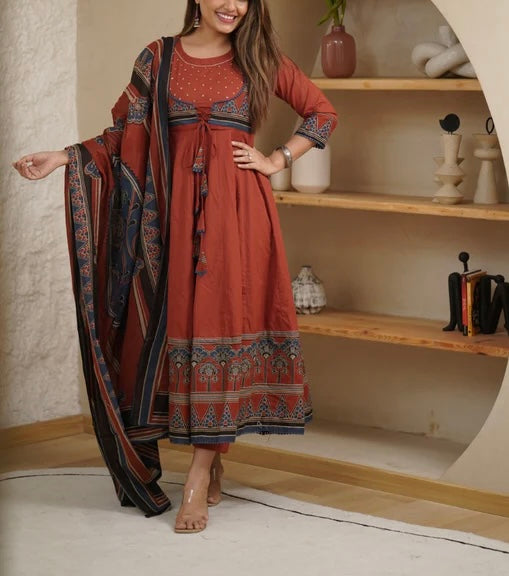 Ajrakh rust cotton Anarkali