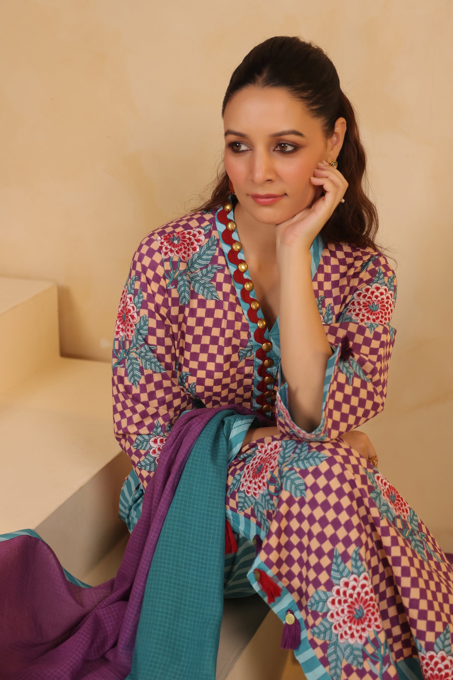 Gomertical cotton premium suit with beautiful detailing & kota doria dupatta