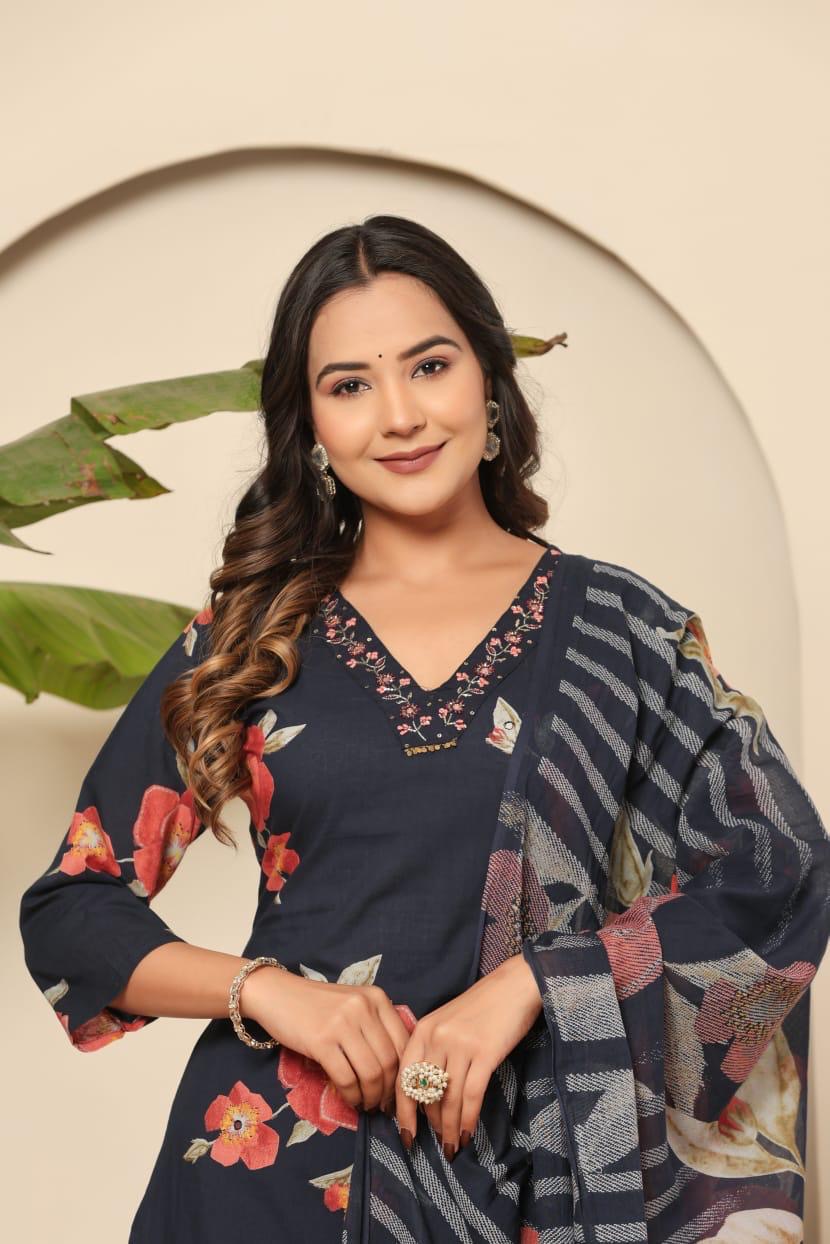Blue & black floral mul cotton suit