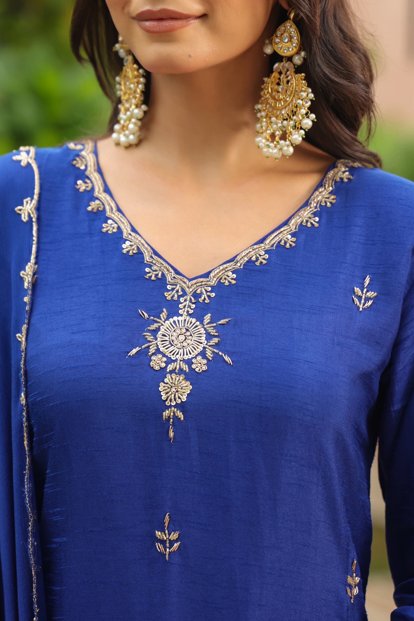 Royal blue silk hand work suit