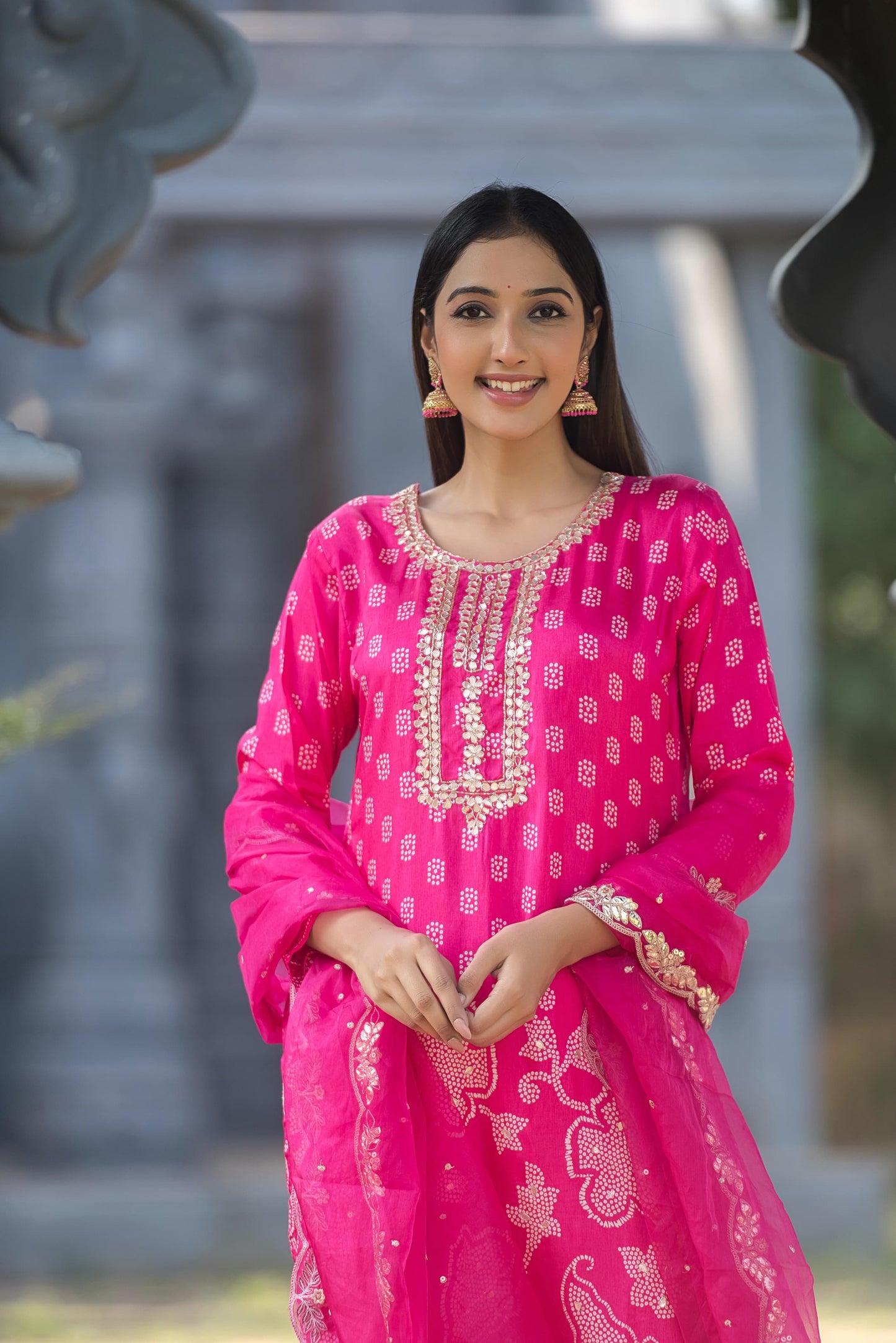 Classy pink Bandhani silk suit