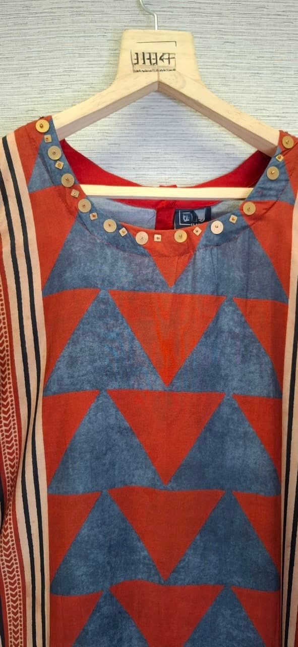 Blue maroon triangle Ajrakh muslin kurta pant set