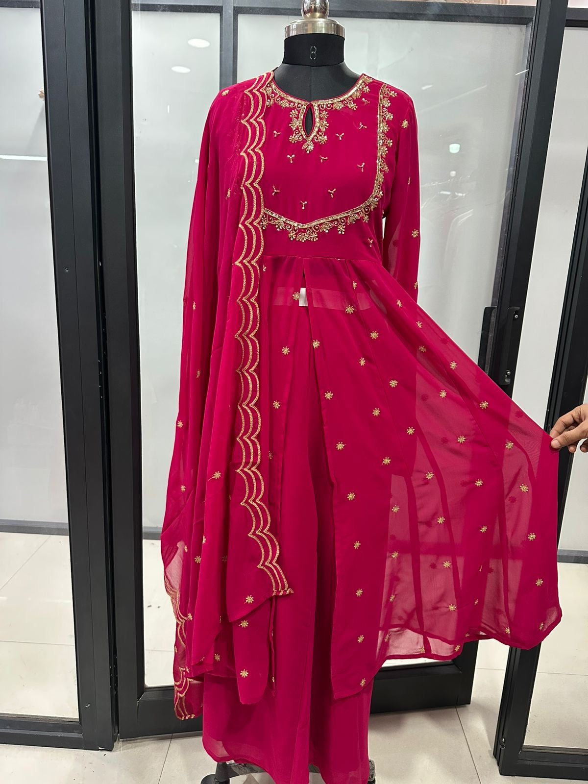 Pink Royal Zardosi U-Yoke Front Slitted Anarkali Full Suit Set With Dupatta & Loose Palazzo Bottom In Georgette Fabric