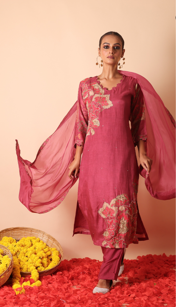 Nude pink silk suit