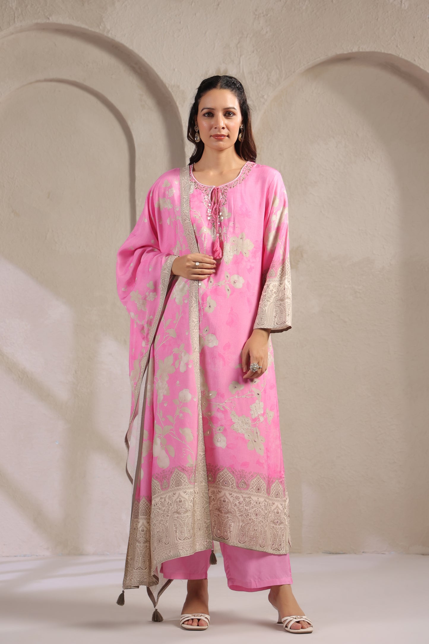 Baby pink digit muslin silk suit