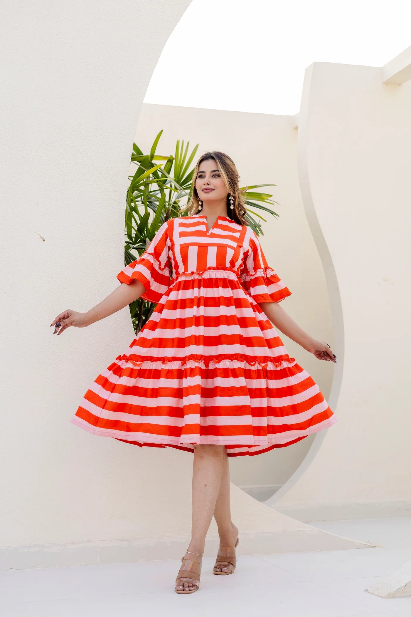 Salsa stripes orange printed cotton dress