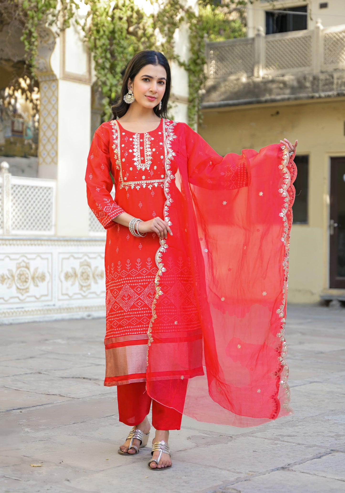 Classy red Bandhani silk suit