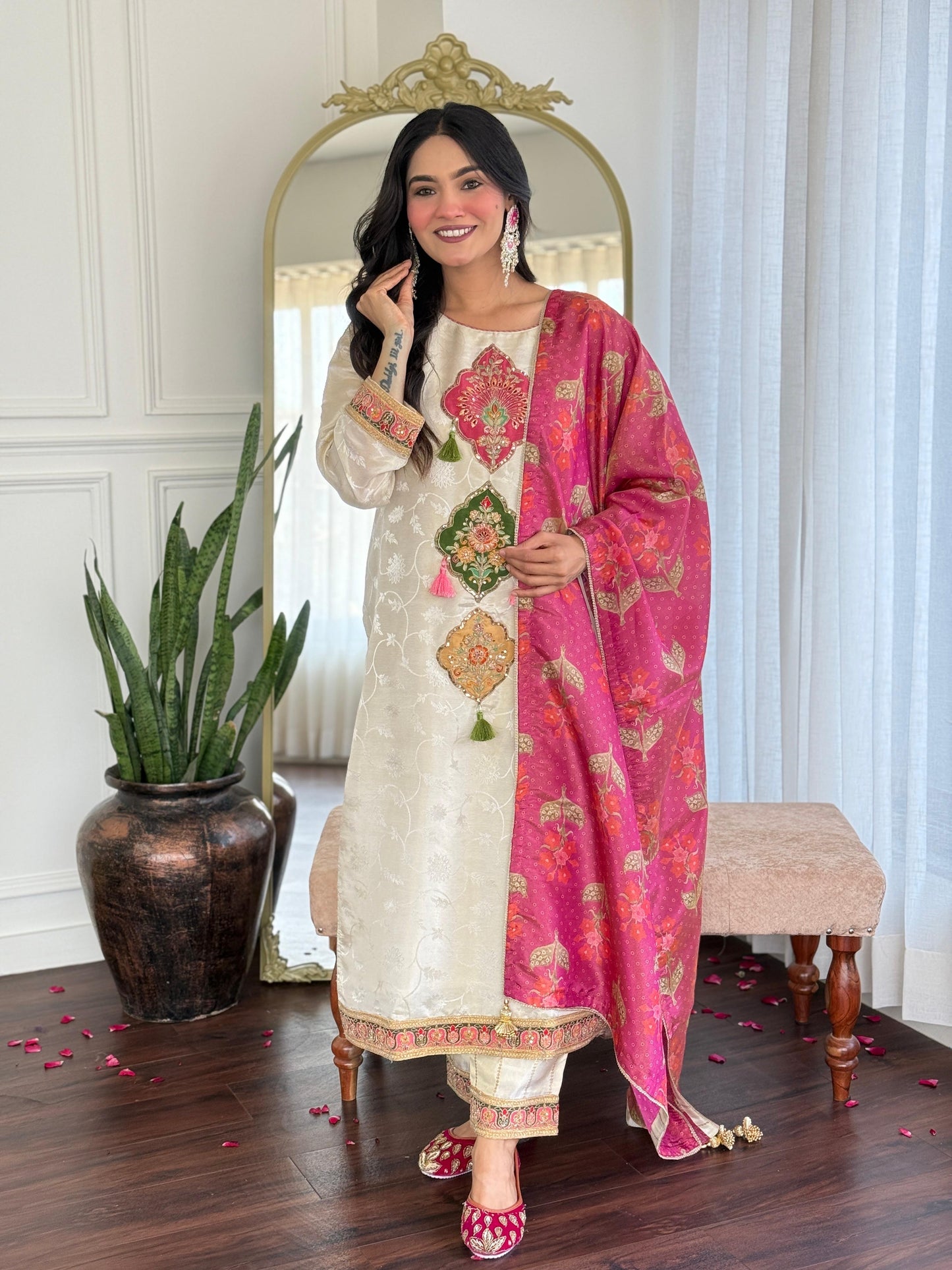 Ivory tissue appliqué suit