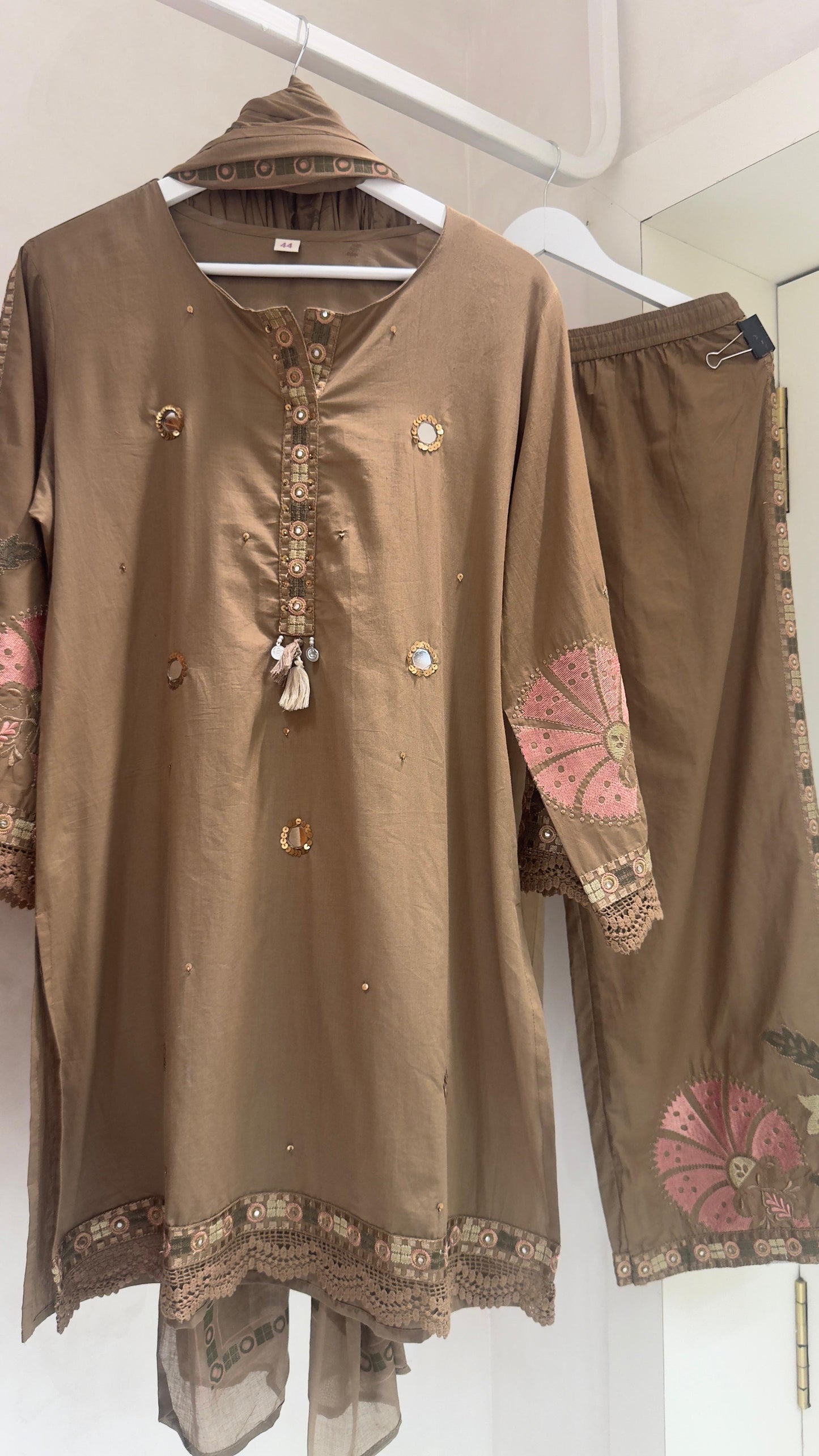Karachi style short kurta pant set with dup in pure cotton