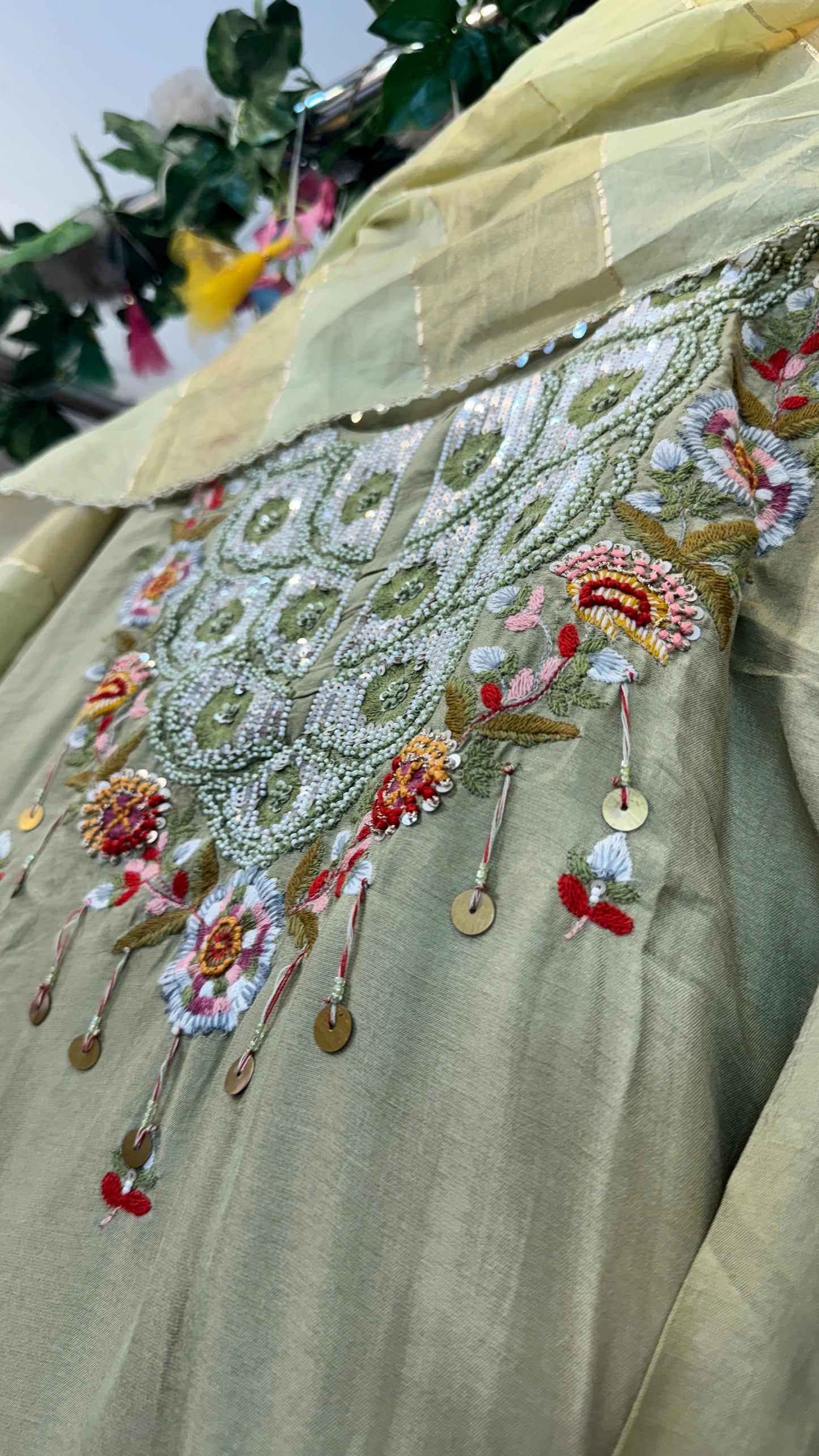 Baby pink / green silk suit with tissue Dupatta