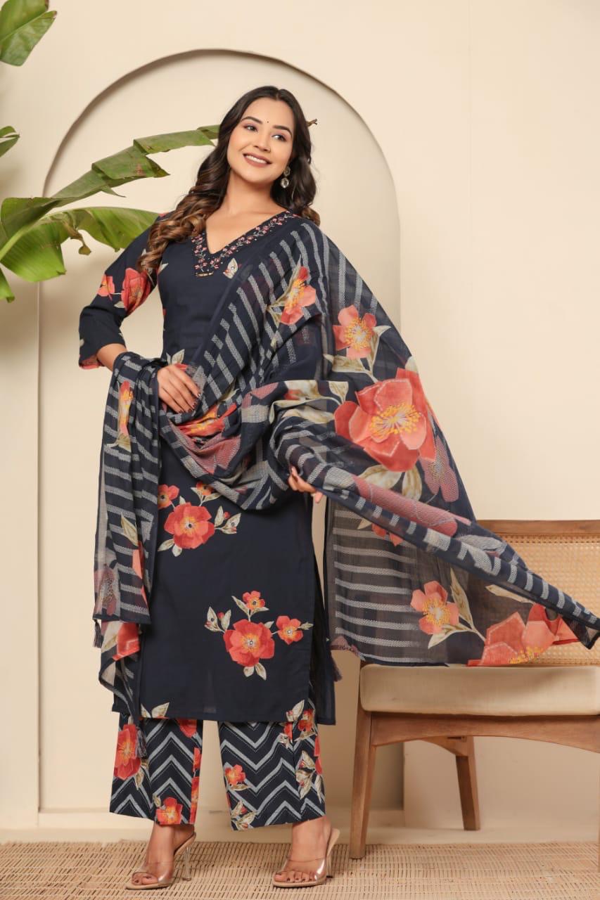 Blue & black floral mul cotton suit