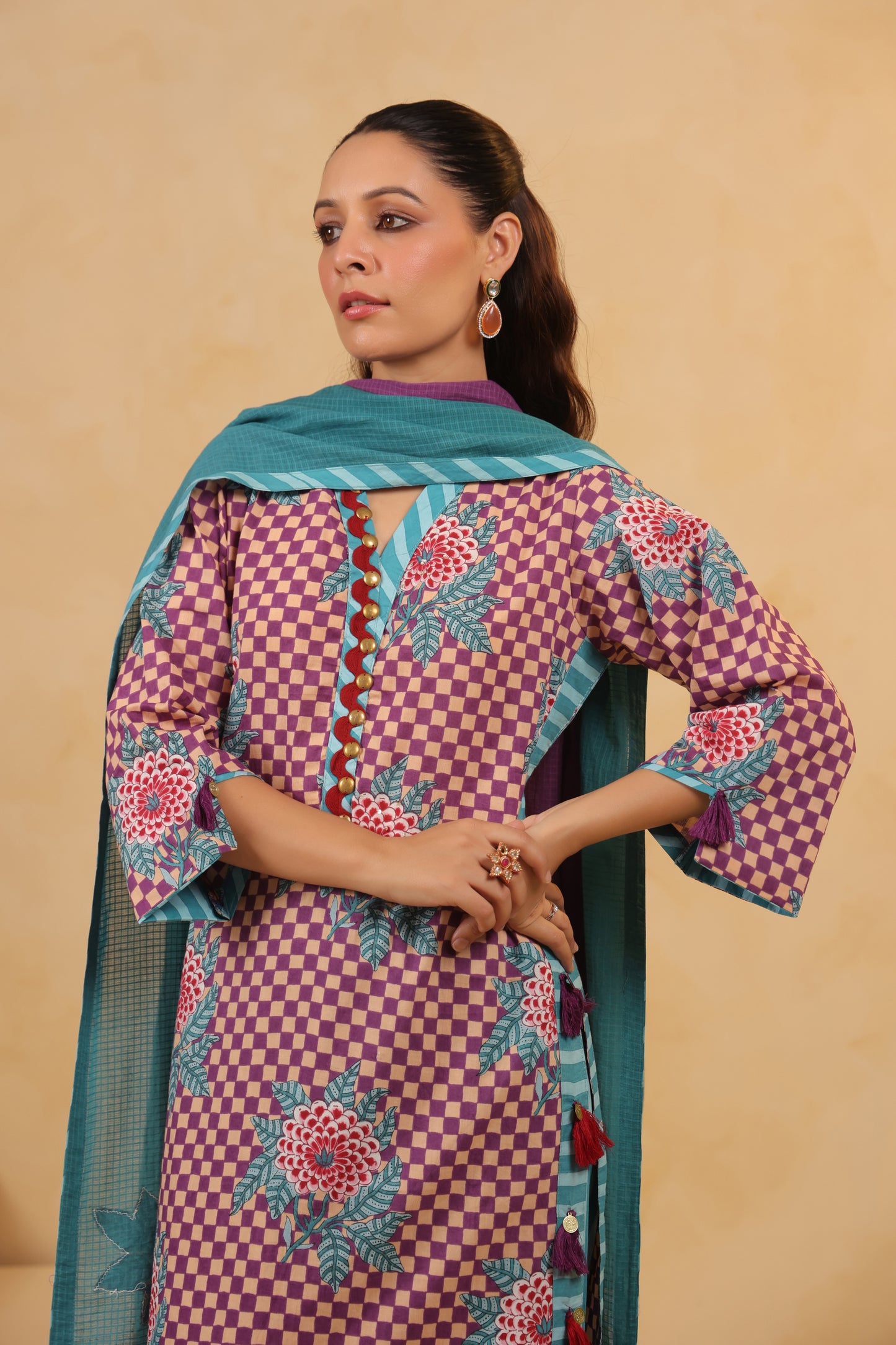 Gomertical cotton premium suit with beautiful detailing & kota doria dupatta