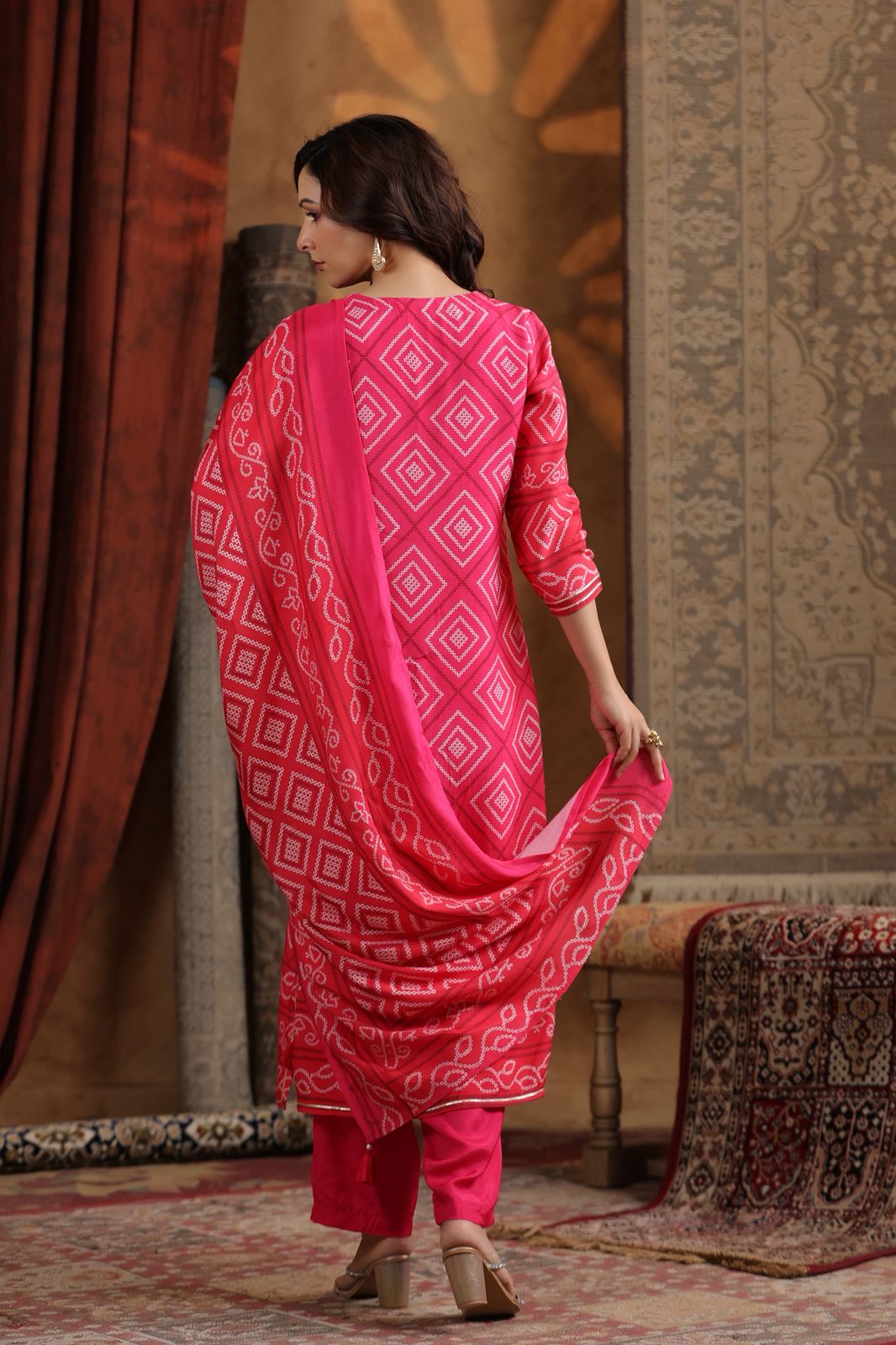 Red pink Bandhani muslin silk suit