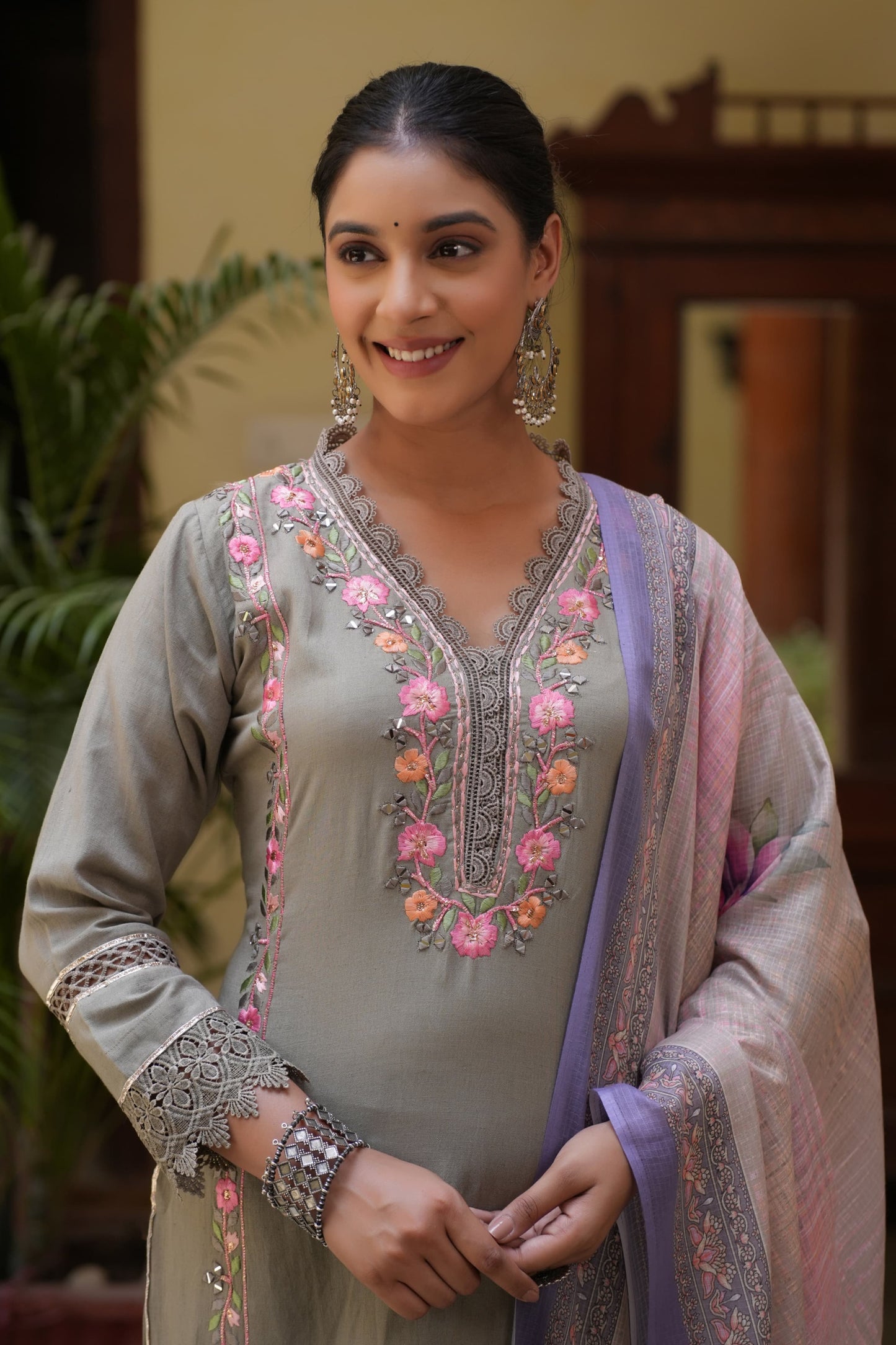 Grey muslin Parsi work