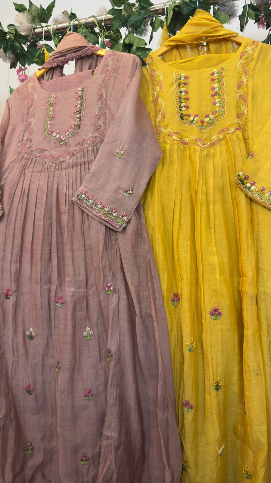 Classy embroidery mul chandari suit ( brown/yellow)