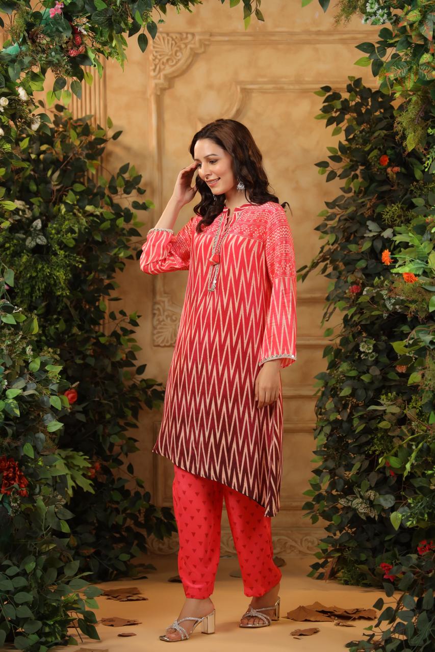 Real mirror red crepe silk co ord set
