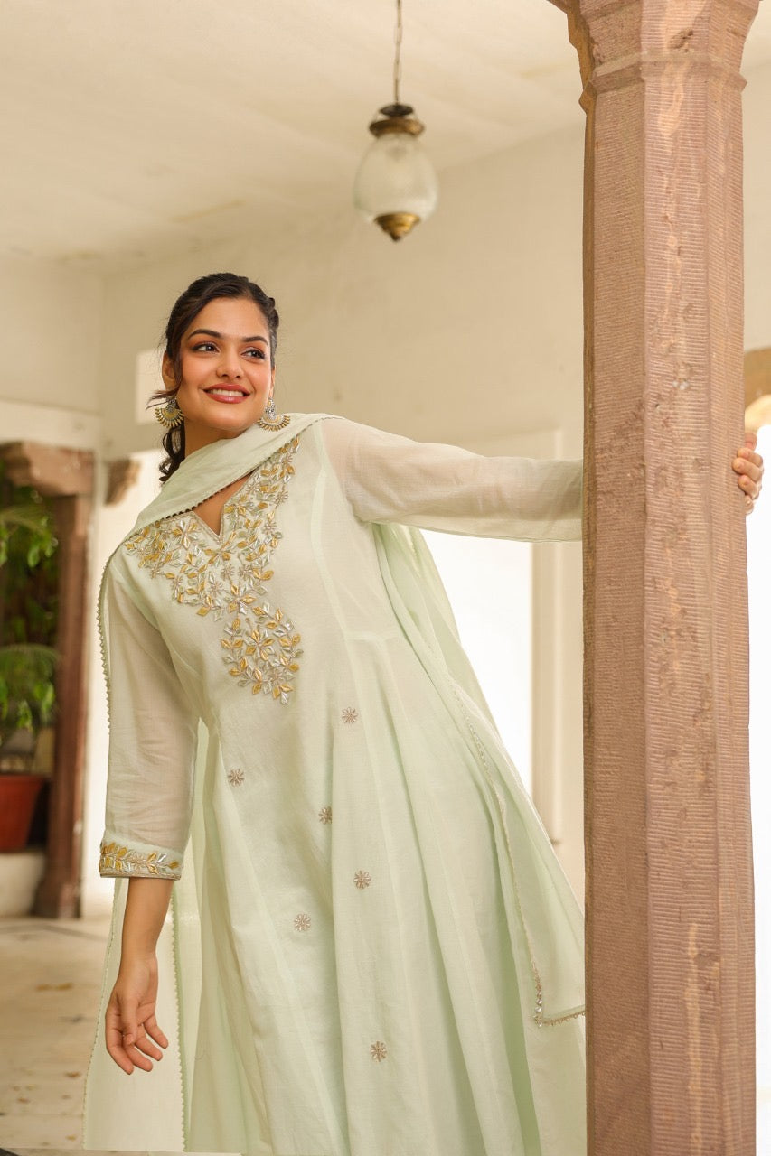 Pista green gota mul cotton Anarkali