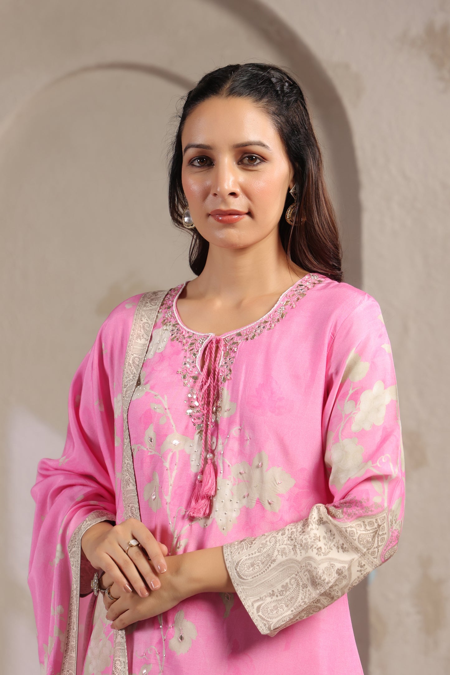 Baby pink digit muslin silk suit