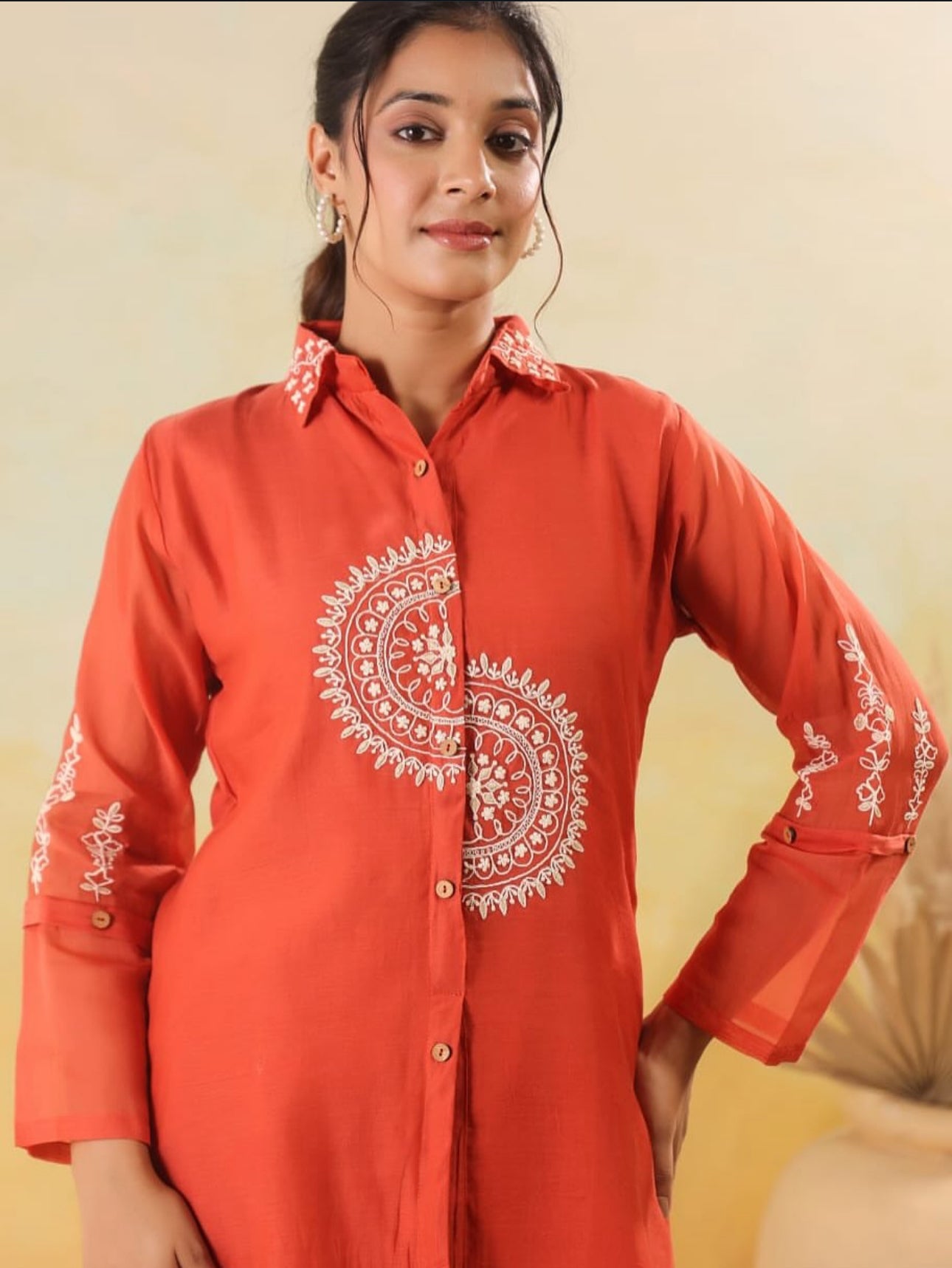 Rust Floral Thread Embroidered Handwork Collared Co-Ord Set