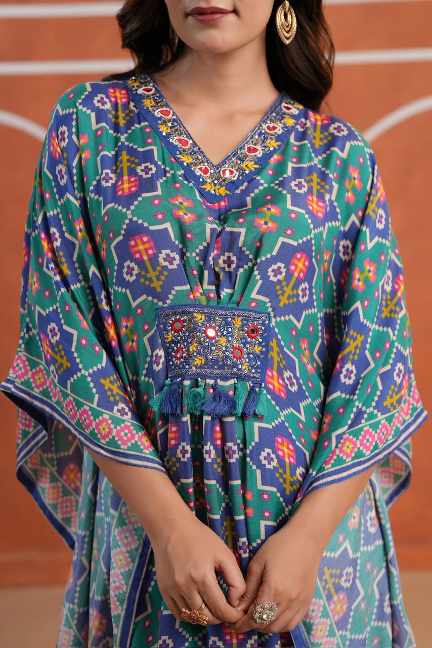 Blue Patola muslin silk kaftan pants with real mirror handwork detailing