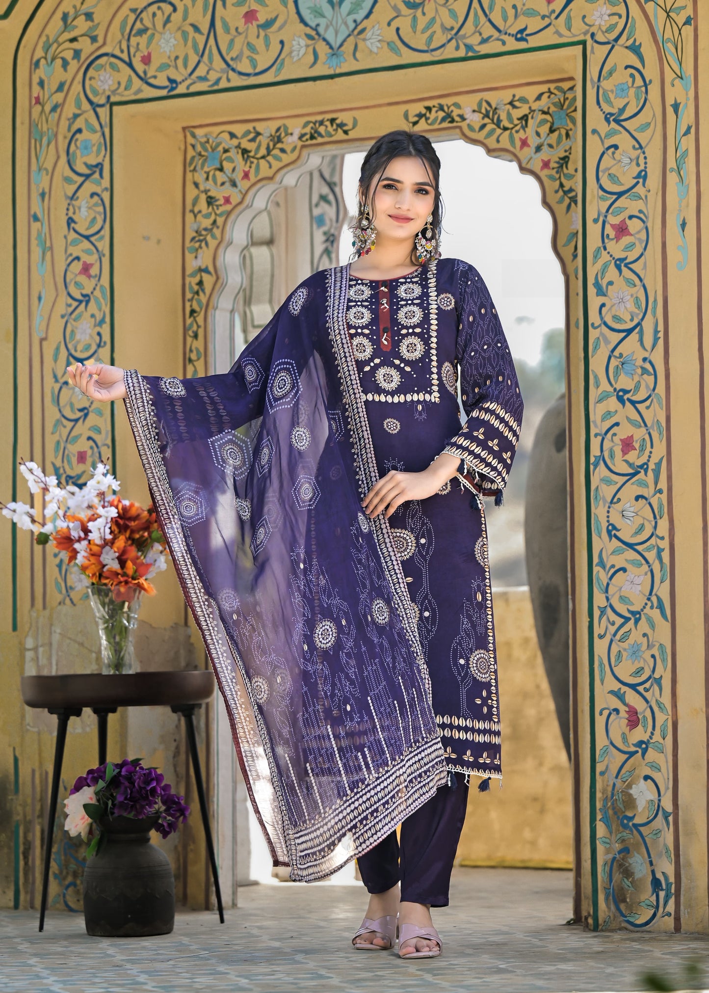 Purple crepe shell print suit