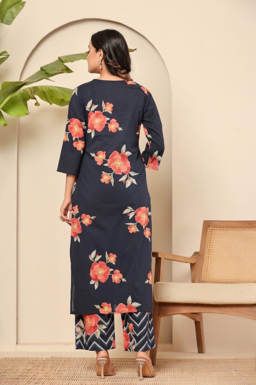 Blue & black floral mul cotton suit