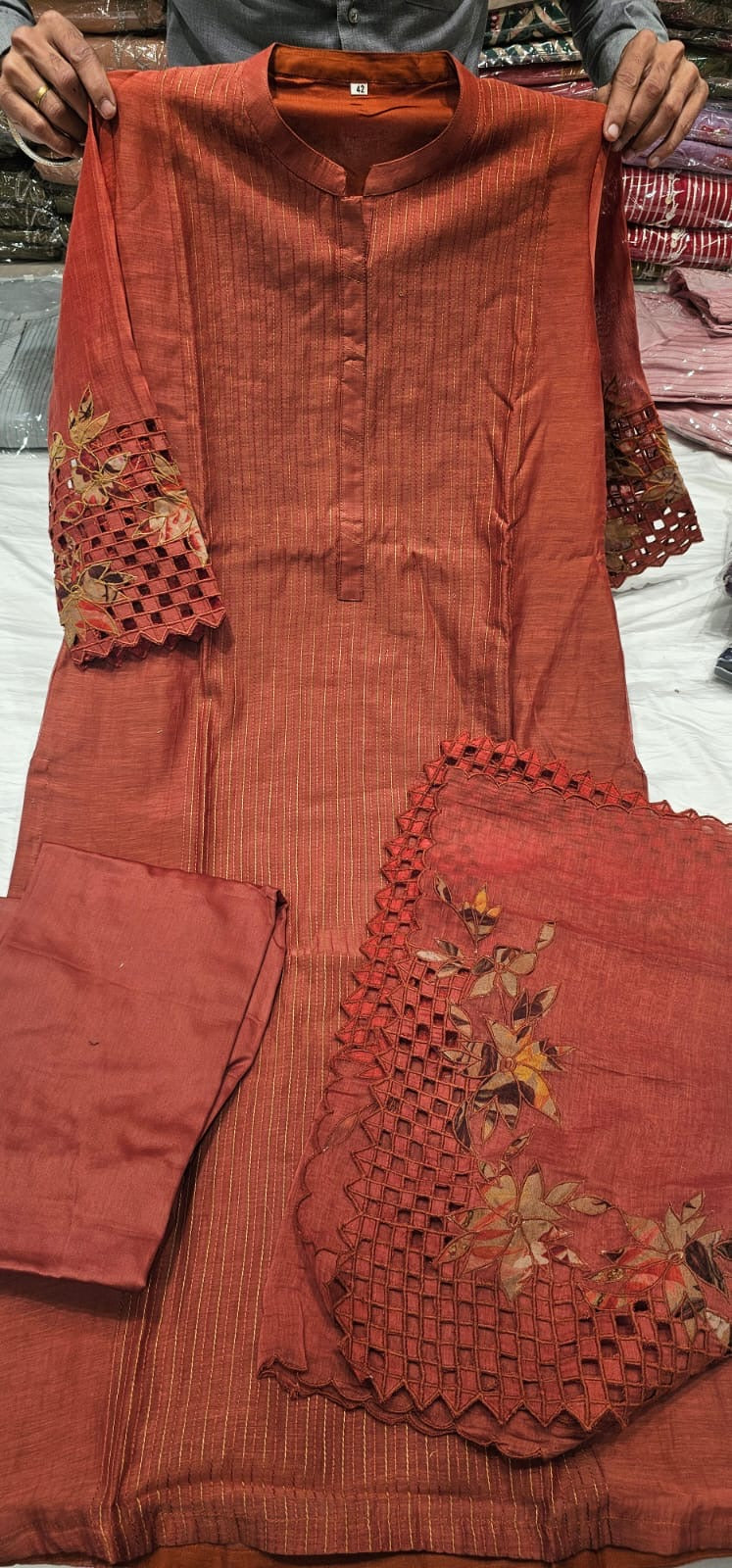 Cut work mul chandari suit