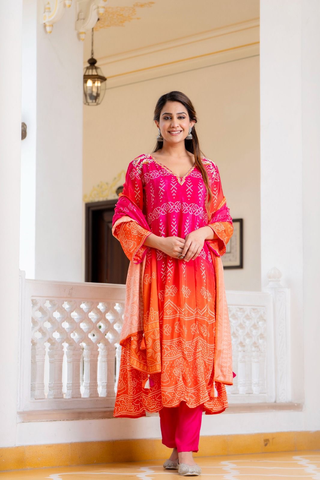 Pink orange Bandhani crepe Aline suit