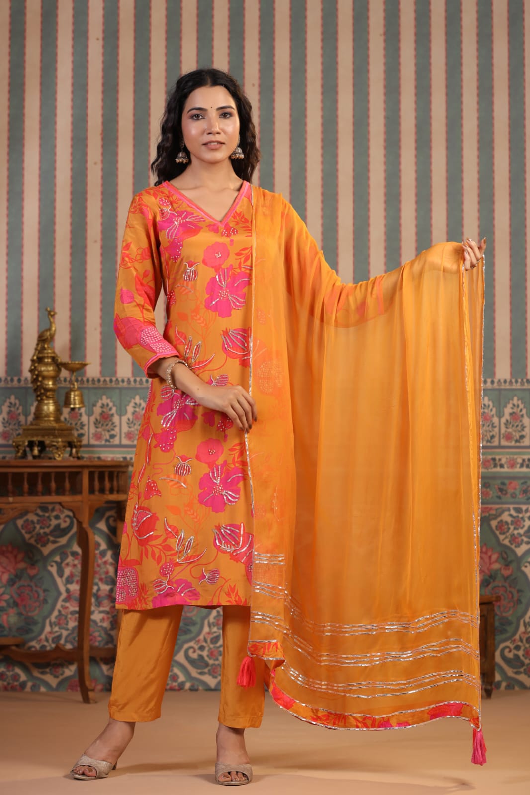 Muslin silk orangy & purple suit