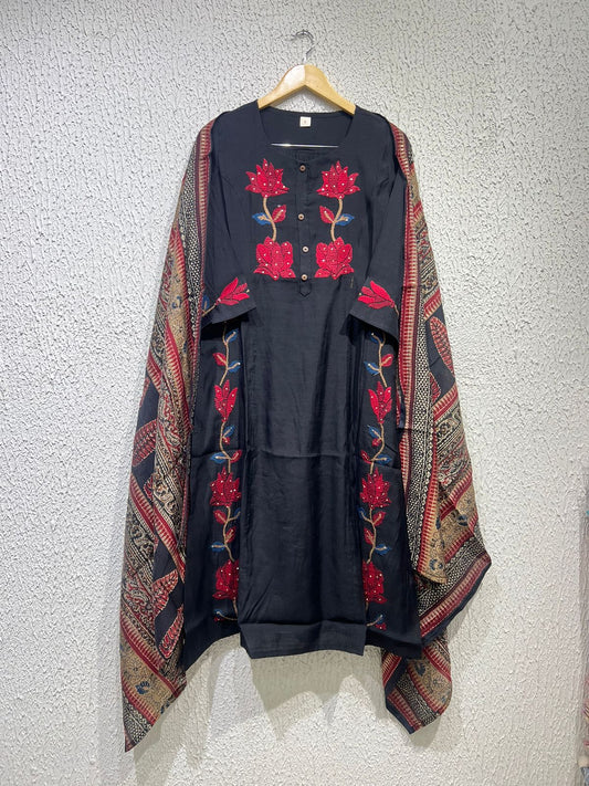 Modal rose ( black & blue)embroidery suit