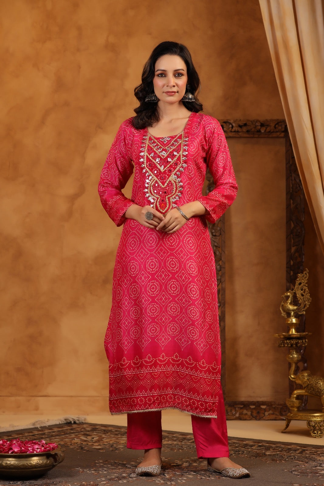 Pink silk bhandhani suit